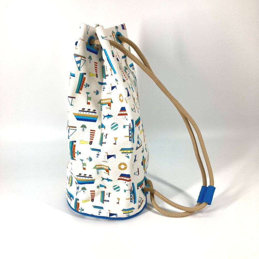 HERMES Marine Print Petit Chartier Drawstring Bag, Cotton Shoulder Kids, White - Picture 4 of 10